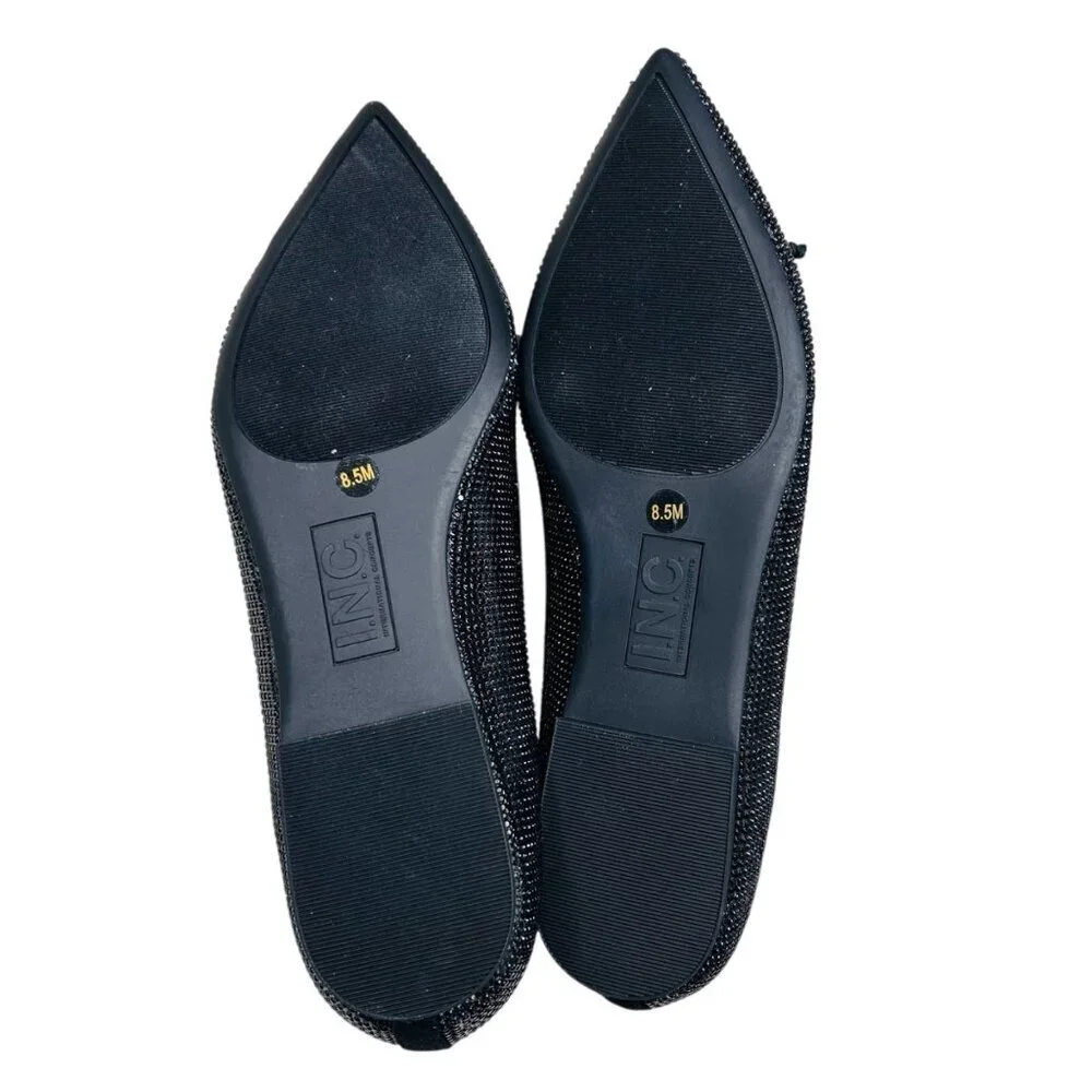 I.N.C. Persie Bow Flat Rhinestone Pointed Toe 8.5 Sparkle Party Black